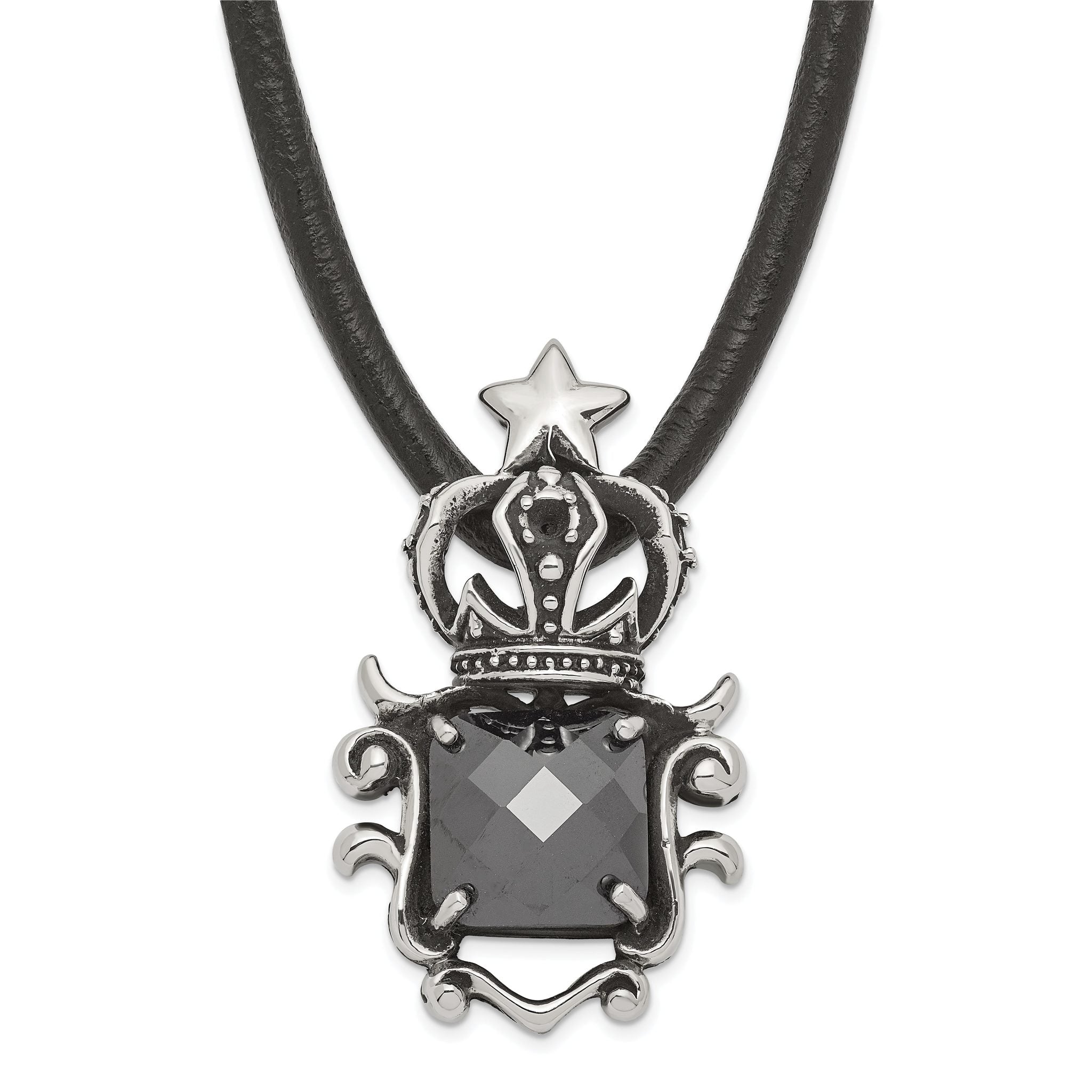 Stainless Steel Antiqued Star Crown with Black Glass Necklace Main image