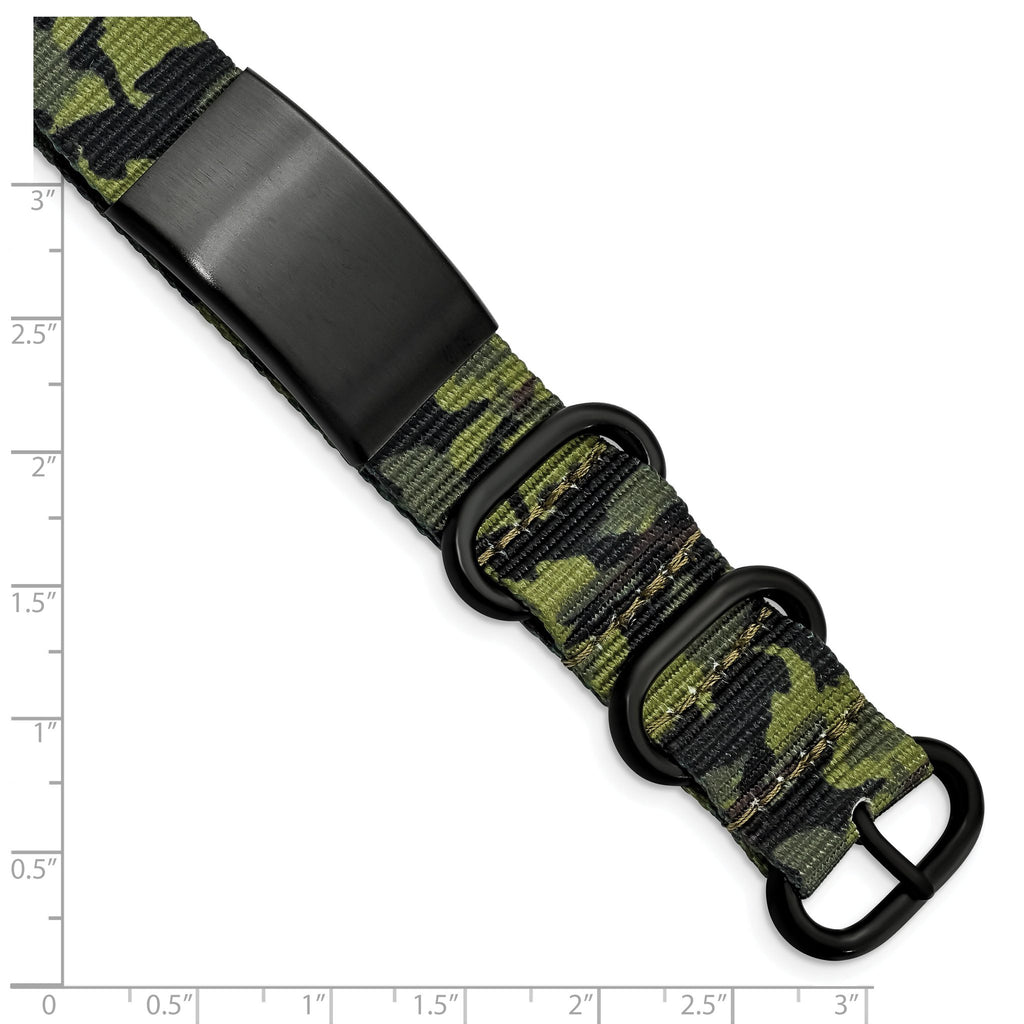 Stainless Steel Brushed Blk IP Green Camo Fabric Adjustable ID Bracelet for Men