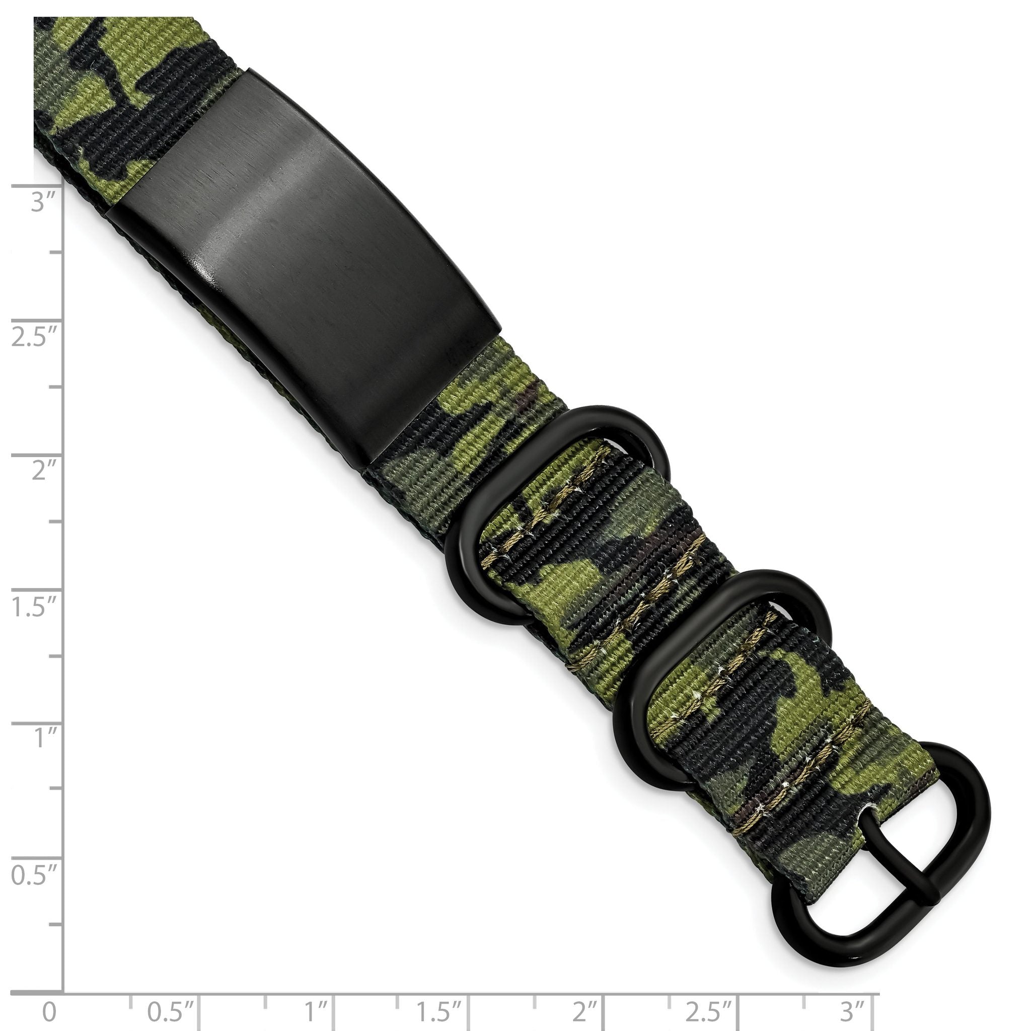 Stainless Steel Brushed Blk IP Green Camo Fabric Adjustable ID Bracelet for Men