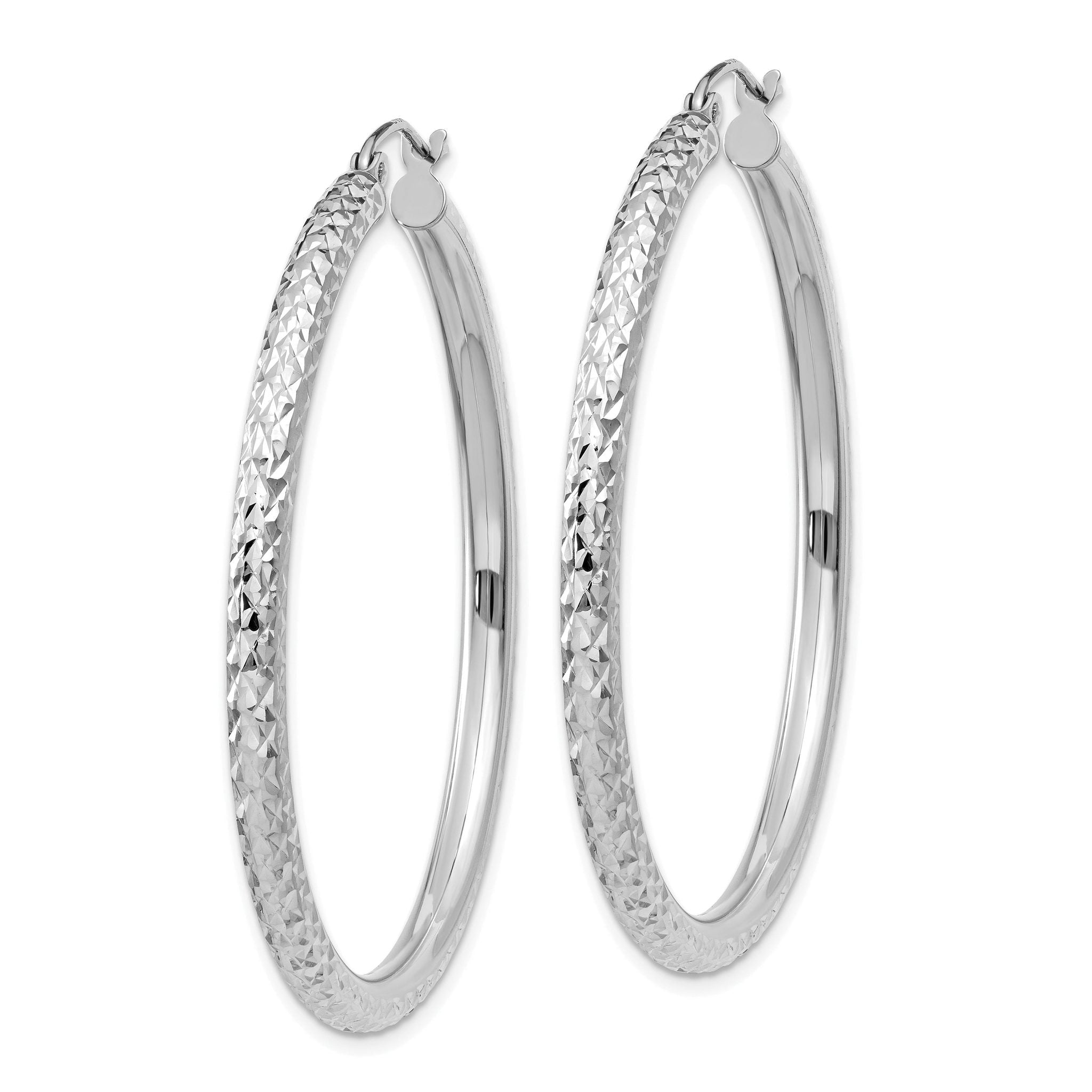 10K White Gold Diamond-Cut Hoop Earrings with Polished Finish for Women