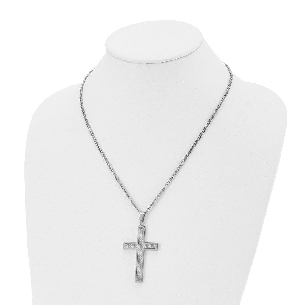 Chisel Stainless Steel Polished with Grey Carbon Fiber Inlay Large Cross Pendant on a 20 inch Curb Chain Necklace