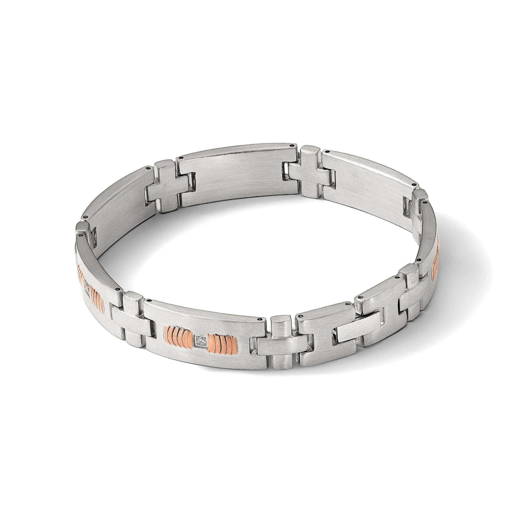 Stainless Steel Brushed and Textured Rose IP-plated with Cubic Zirconia Link Bracelet for Men
