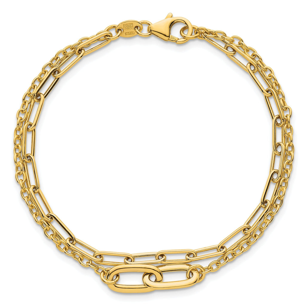 14k Polished Paperclip and Oval Cable Link Double Strand 7.5 inch Bracelet