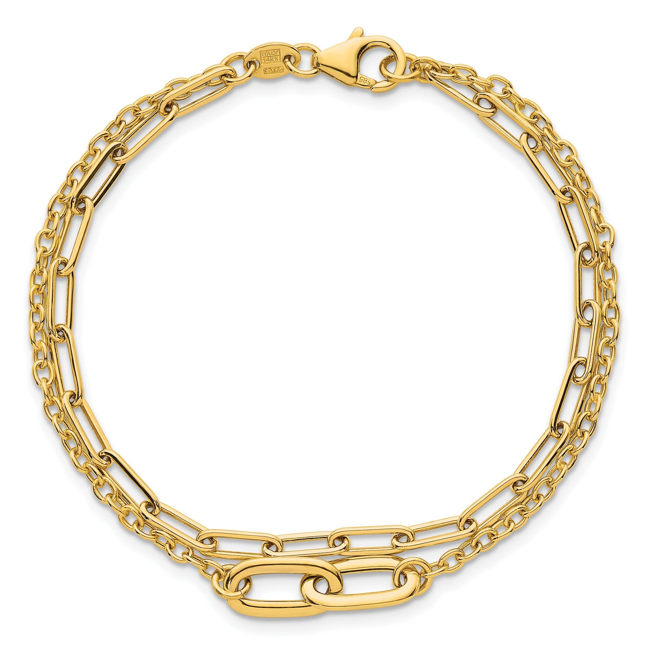 14k Polished Paperclip and Oval Cable Link Double Strand 7.5 inch Bracelet