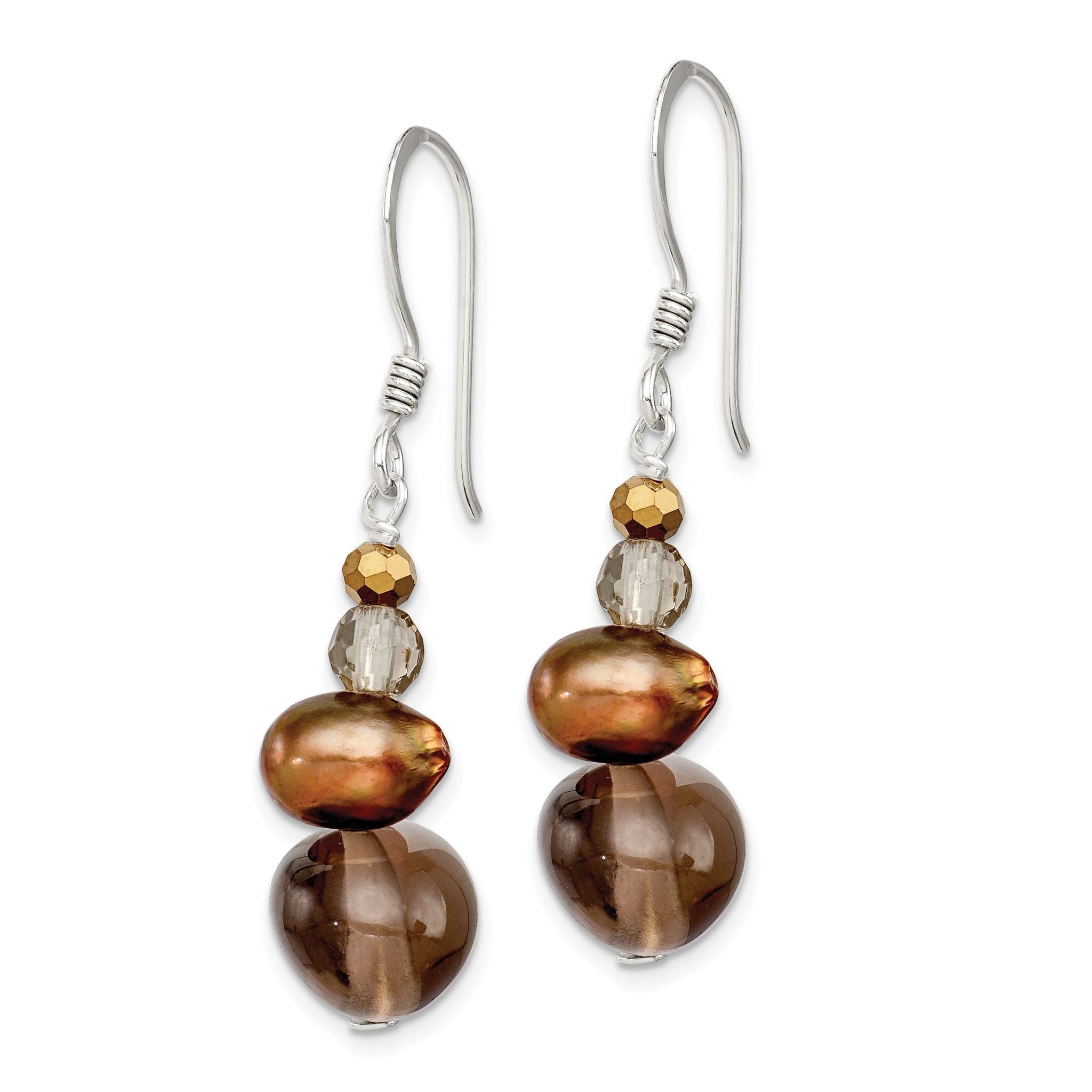 Sterling Silver Polished FWC Pearl, Crystal & Smoky Quartz Dangle Earrings Secondary image