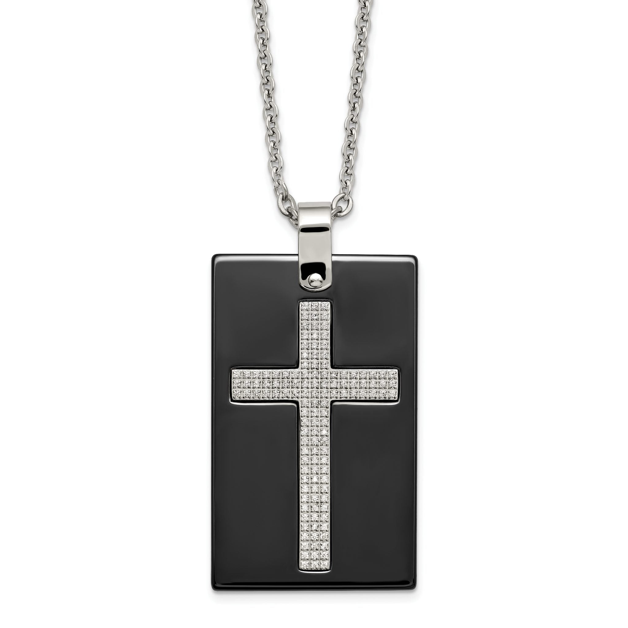 Black Ceramic Cross Dog Tag Necklace in Stainless Steel with CZ Main image