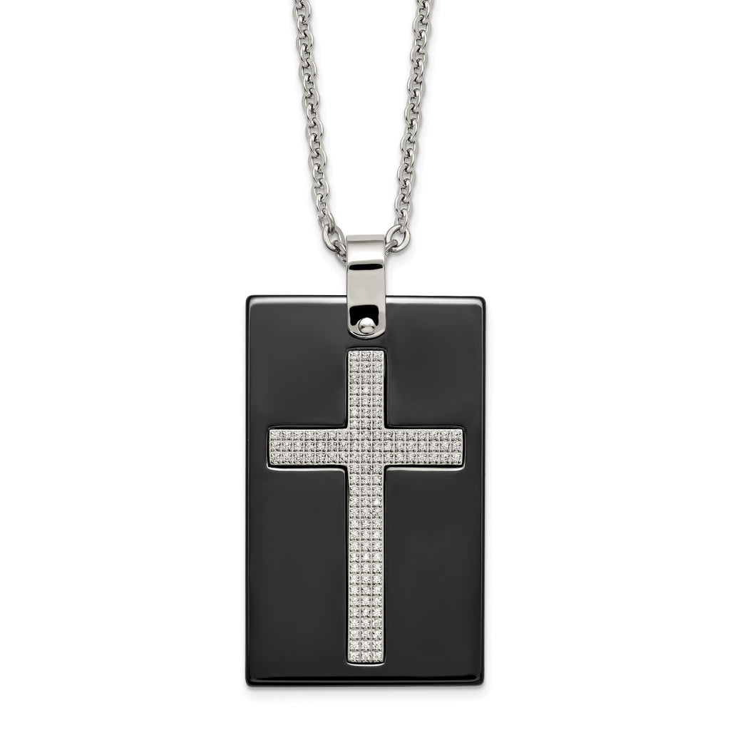 Black Ceramic Cross Dog Tag Necklace in Stainless Steel with CZ