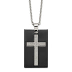 Black Ceramic Cross Dog Tag Necklace in Stainless Steel with CZ