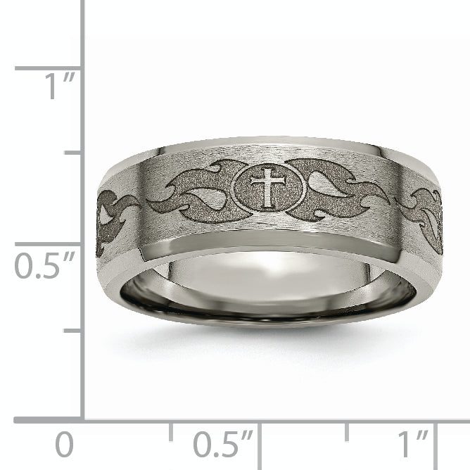 Titanium Wedding Band with Laser Cross Design and Beveled Edge