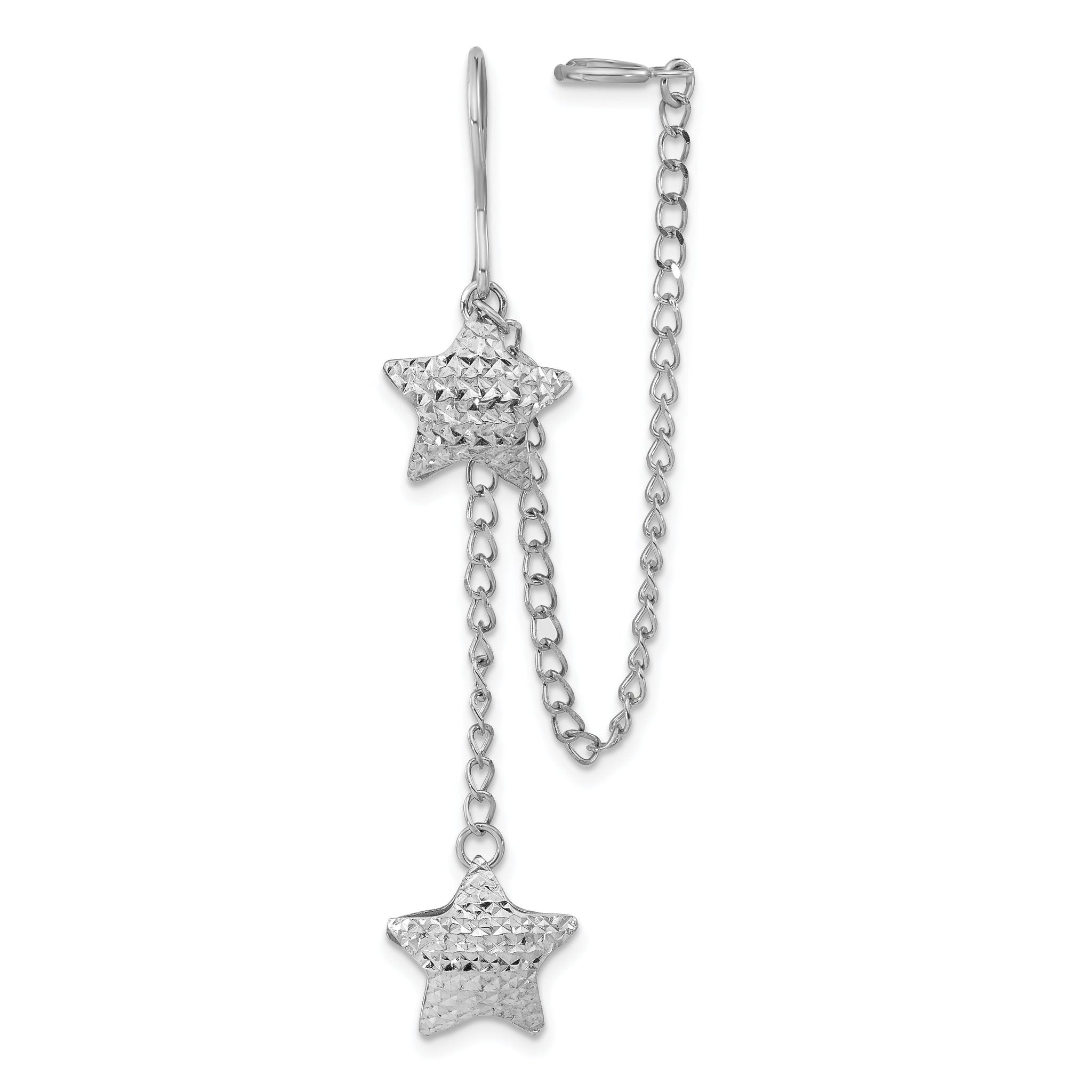 Sterling Silver Rhodium-Plated Star Dangle Earrings with Earlobe Cuff, Polished Diamond-Cut Finish