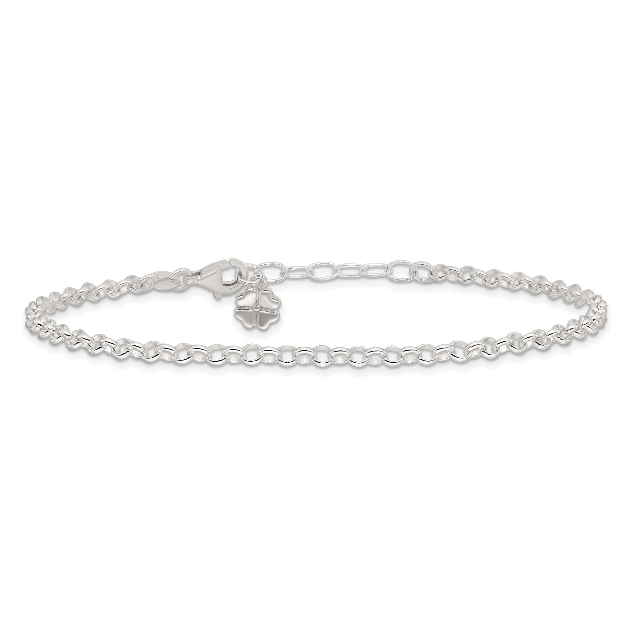 Sterling Silver Clover Dangle 9 inch Plus 1 inch Extender - Total 10 inch Anklet