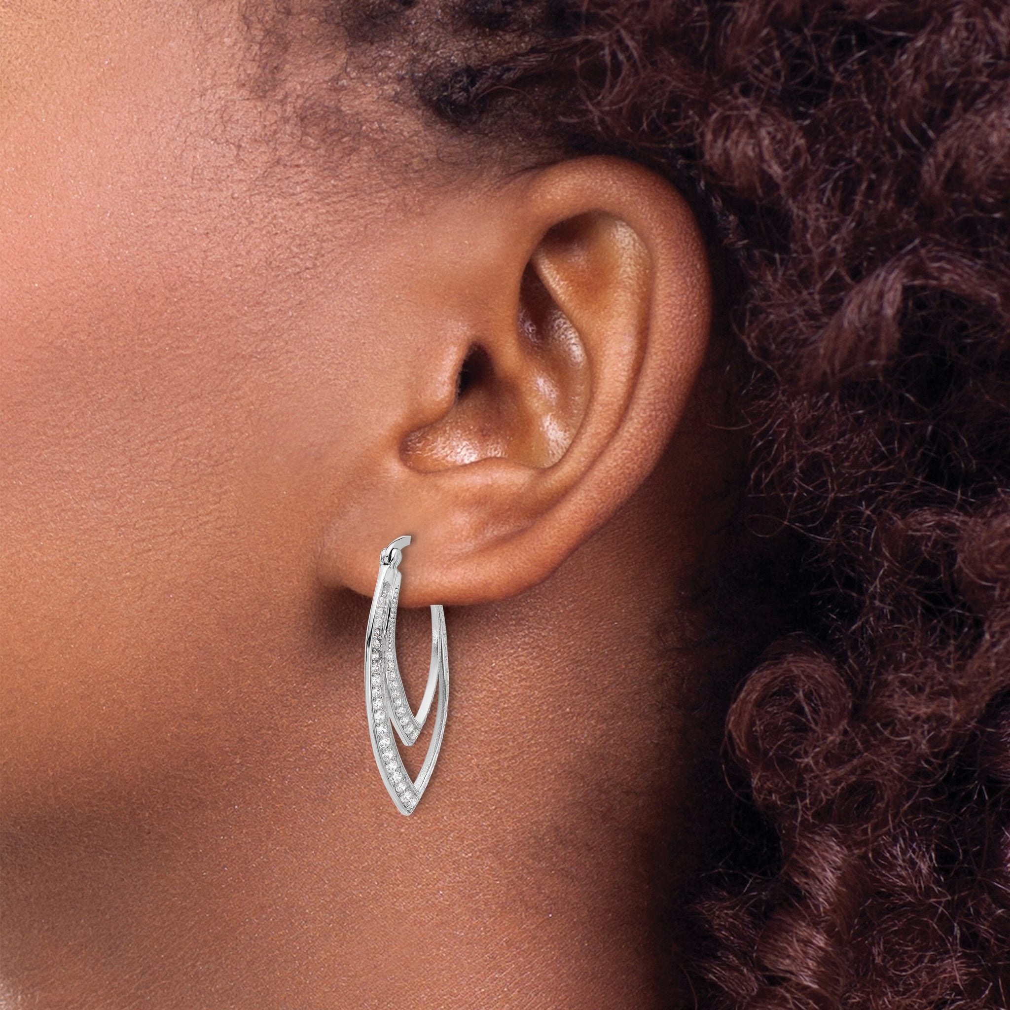 Cheryl M Sterling Silver Rhodium-plated Brilliant-cut CZ Double Marquise Shaped Hoop Earrings