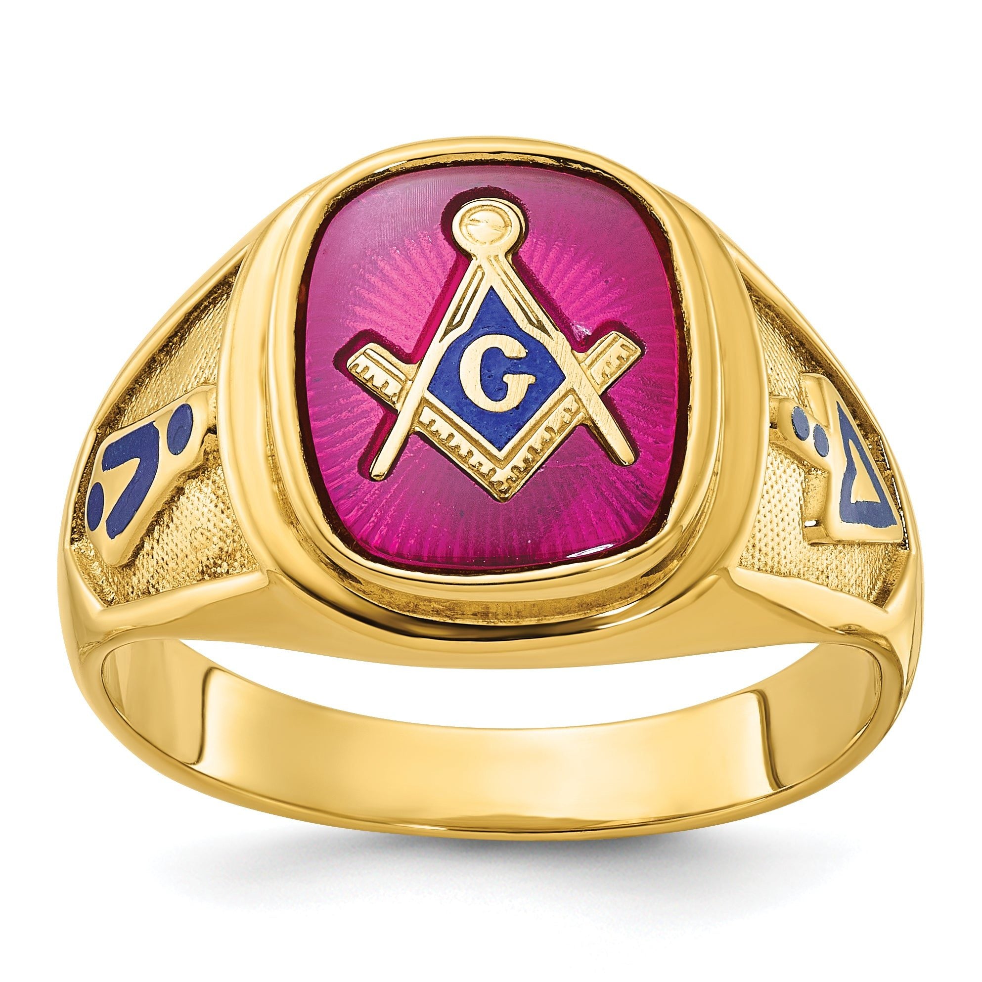14k Men's Polished and Textured with Blue Enamel and Lab Created Ruby Blue Lodge Master Masonic Ring