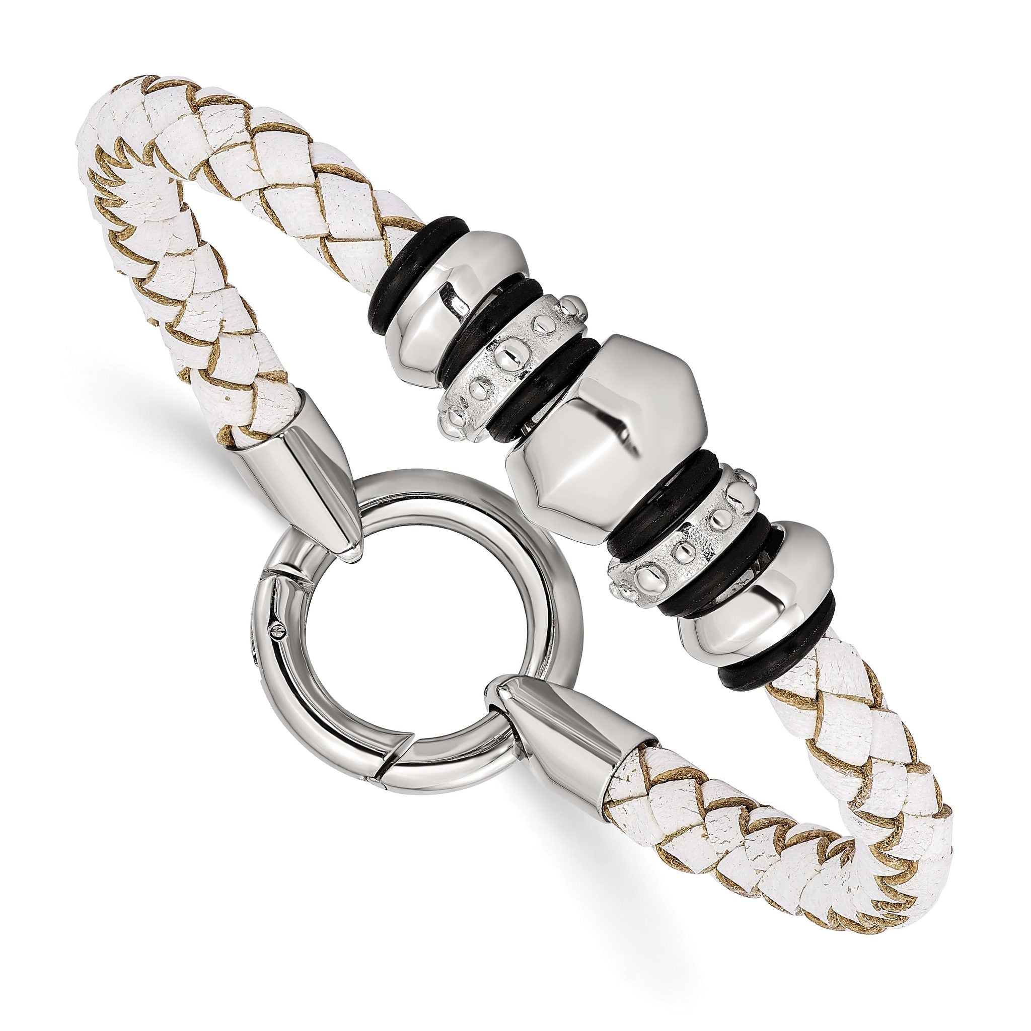 Stainless Steel Polished White Leather & Black Rubber Bracelet Main image