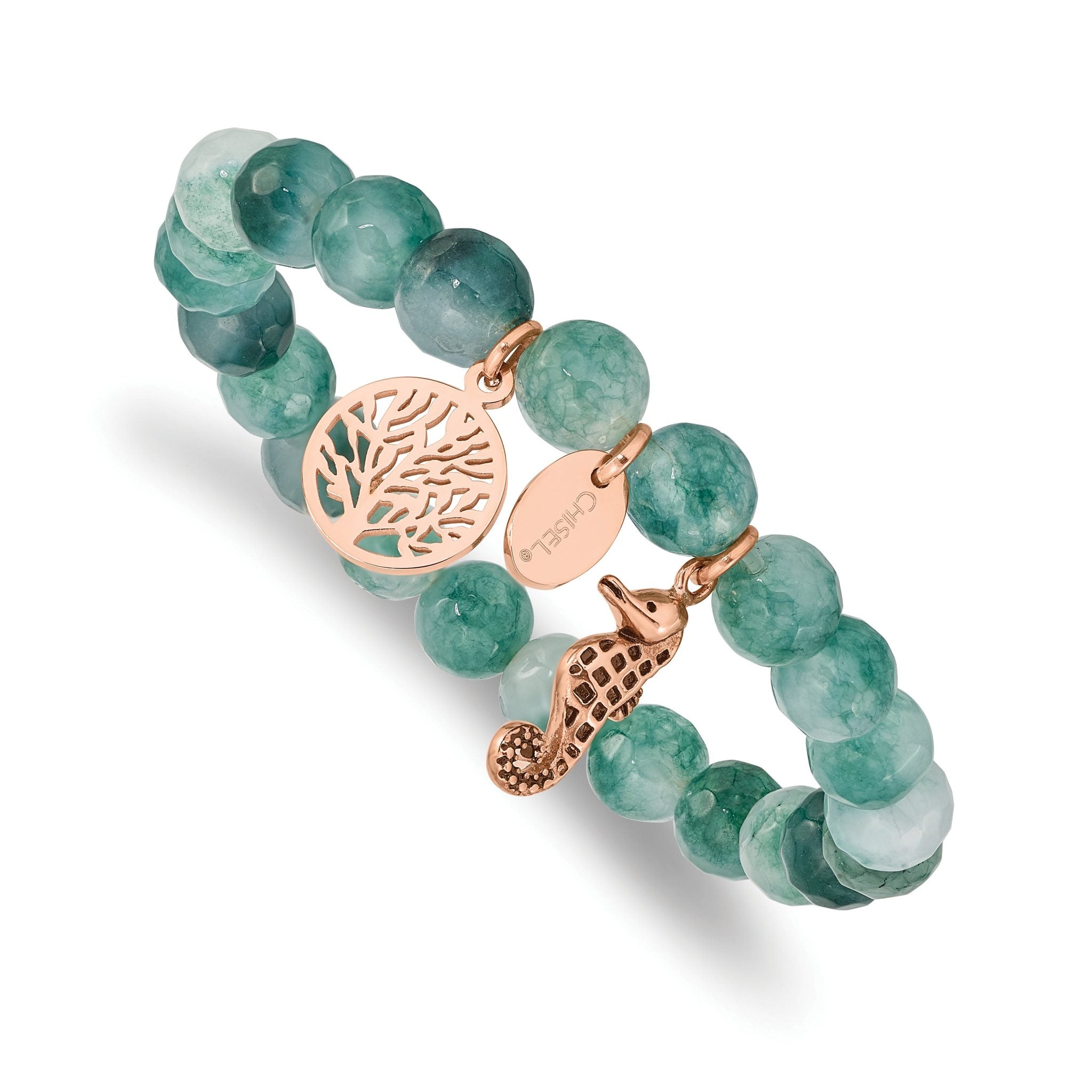Stainless Steel Antiqued and Polished Rose IP-plated Seahorse and Tree of Life 8mm Green Dyed Jade Beaded Stretch Bracelet for Women Main image