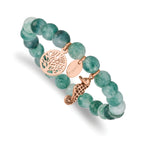 Stainless Steel Antiqued and Polished Rose IP-plated Seahorse and Tree of Life 8mm Green Dyed Jade Beaded Stretch Bracelet for Women