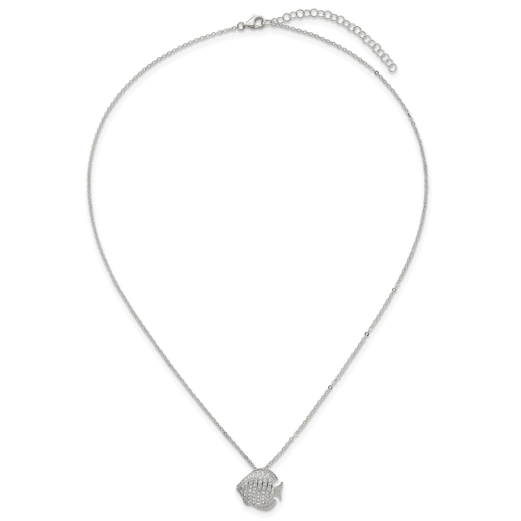 Sterling Silver Polished and Grooved CZ Fish 16 Inch with 2 Inch Extension Necklace
