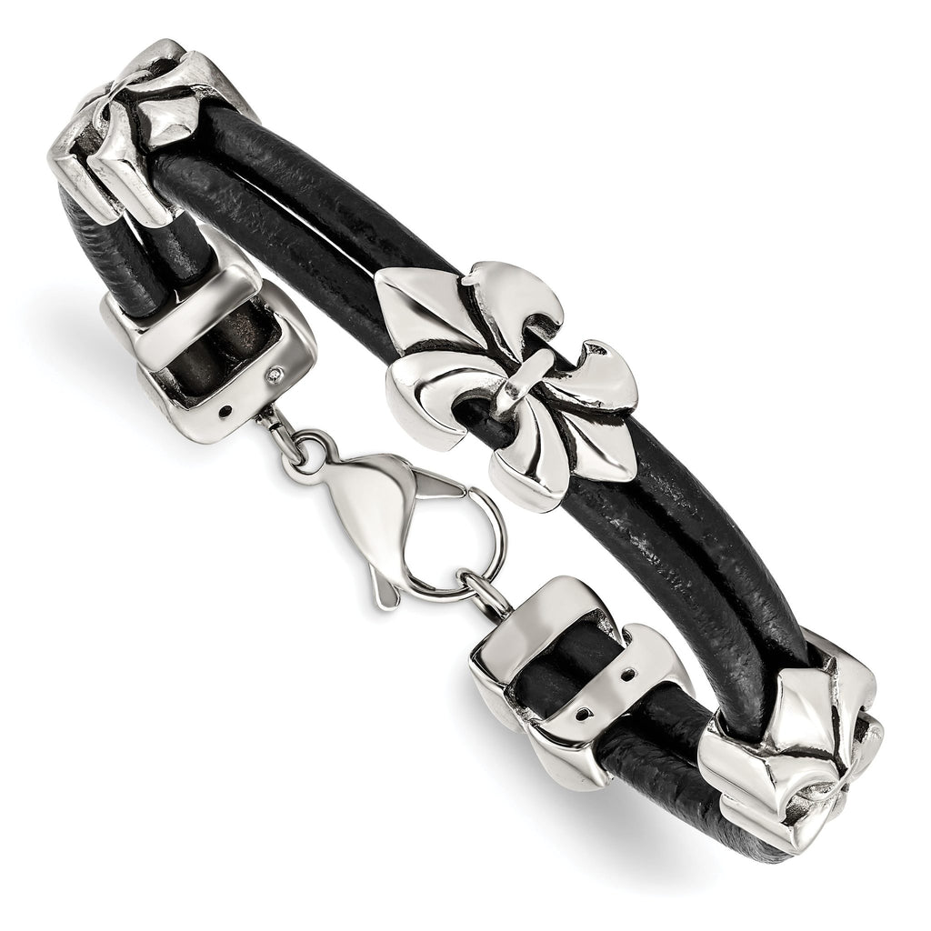 Stainless Steel Antiqued & Polished Fleur De Lis Black Leather Bracelet for Men