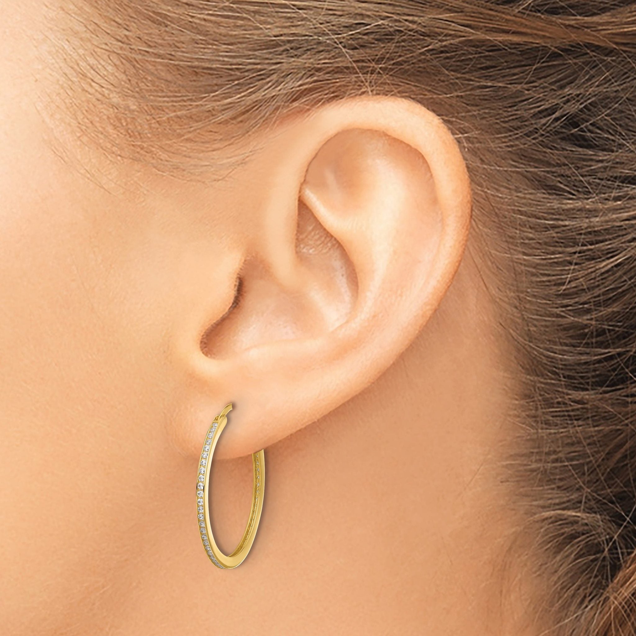 14K Polished CZ 1.5mm Large Hoop Earrings