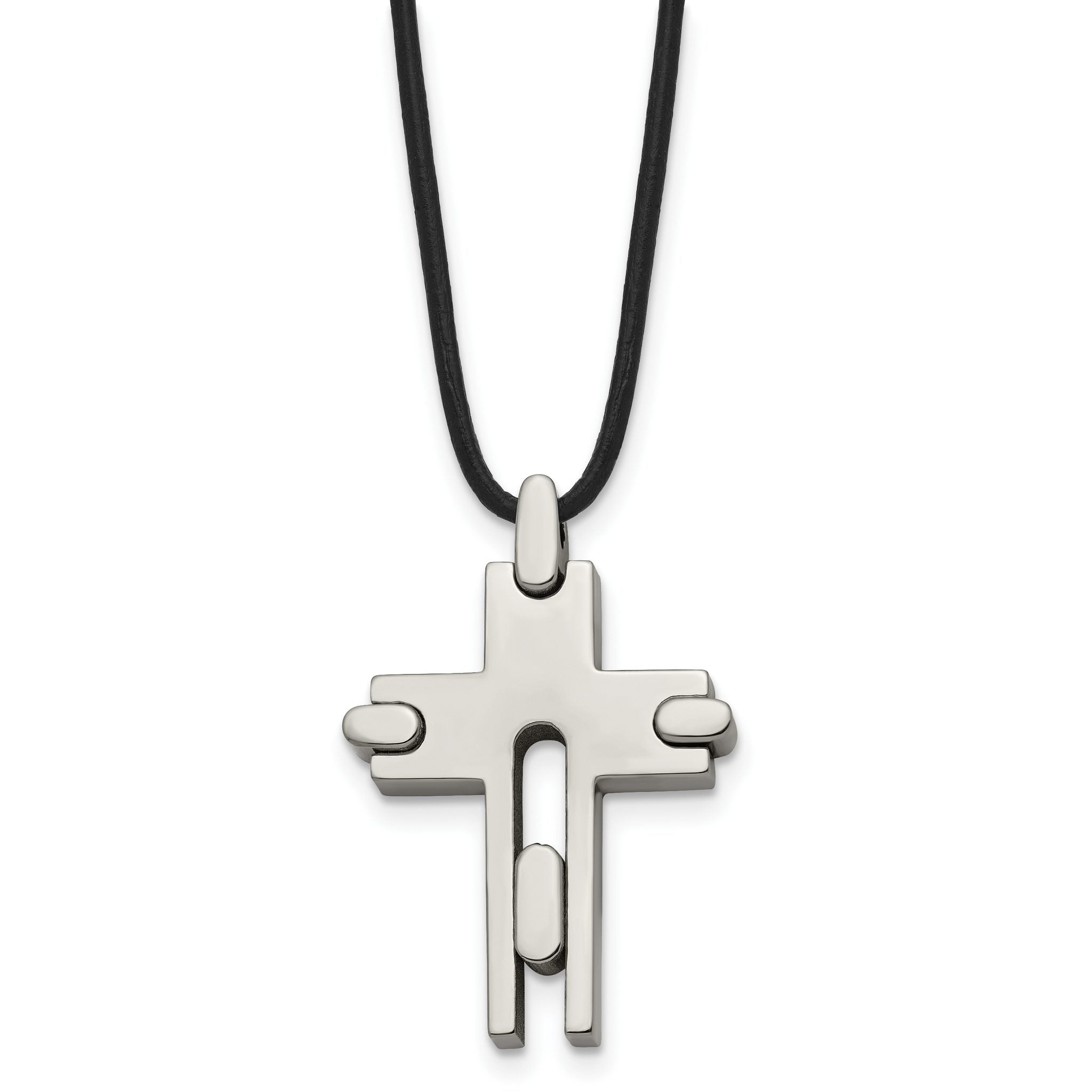 Titanium Men's Polished Cross Leather Necklace Gift Ready 18 Inch Main image