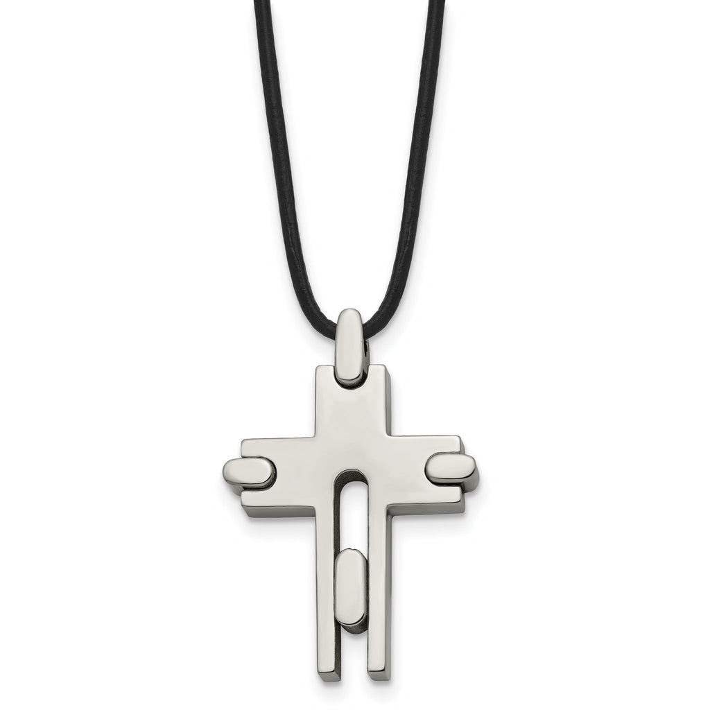 Titanium Men's Polished Cross Leather Necklace Gift Ready 18 Inch