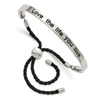 Stainless Steel Polished Black Enamel & Fabric Love Life Adjustable Bangle Bracelet for Women