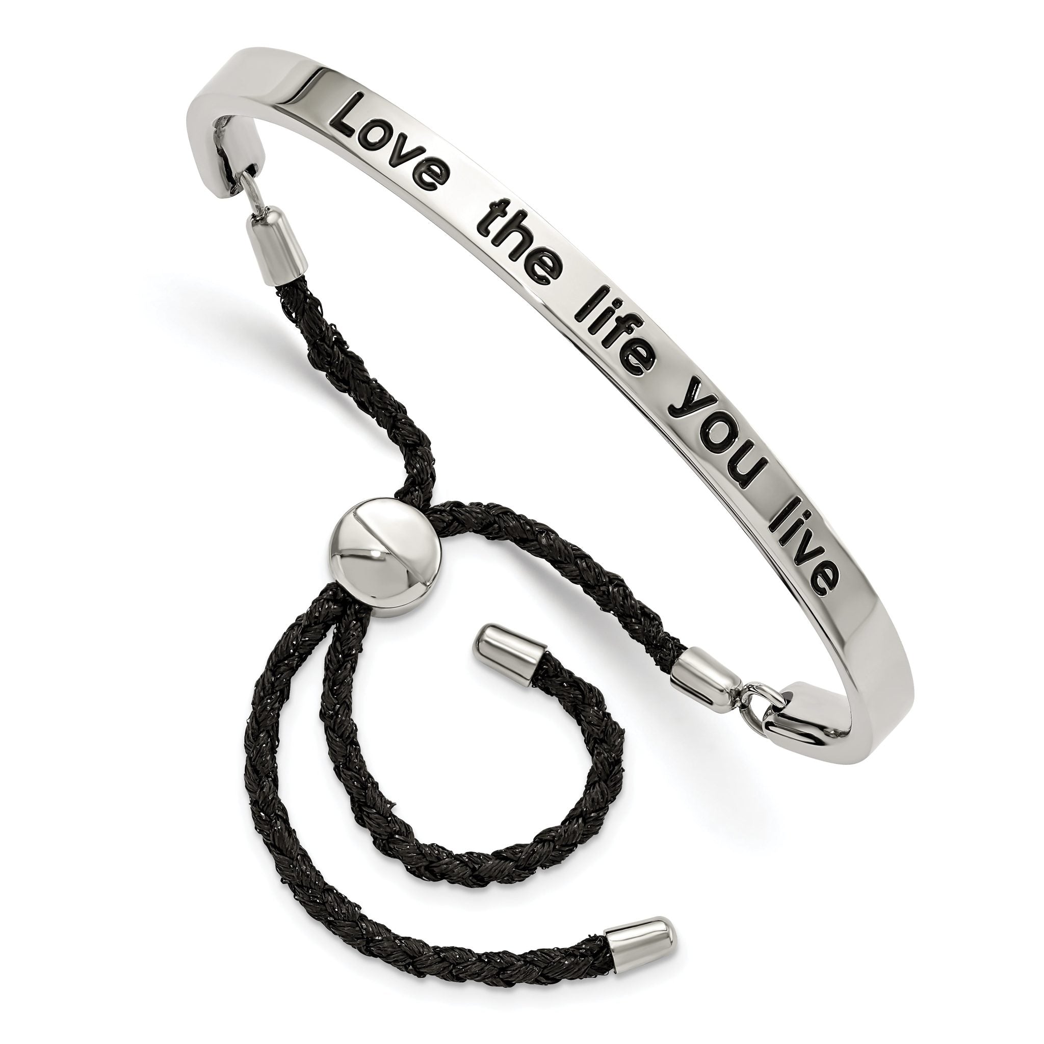 Stainless Steel Polished Black Enamel & Fabric Love Life Adjustable Bangle Bracelet for Women