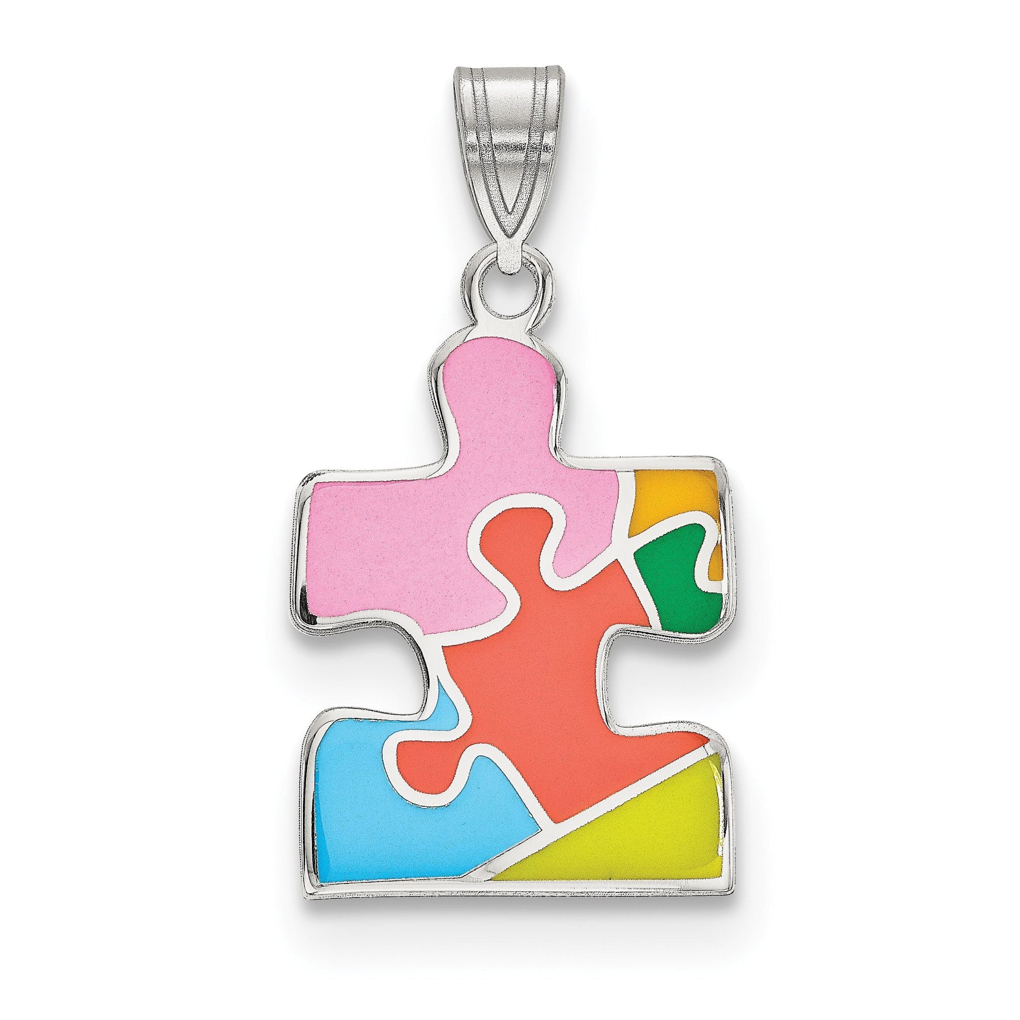 Sterling Silver Autism Puzzle Piece Pendant with Rhodium Plating and Enamel Detailing