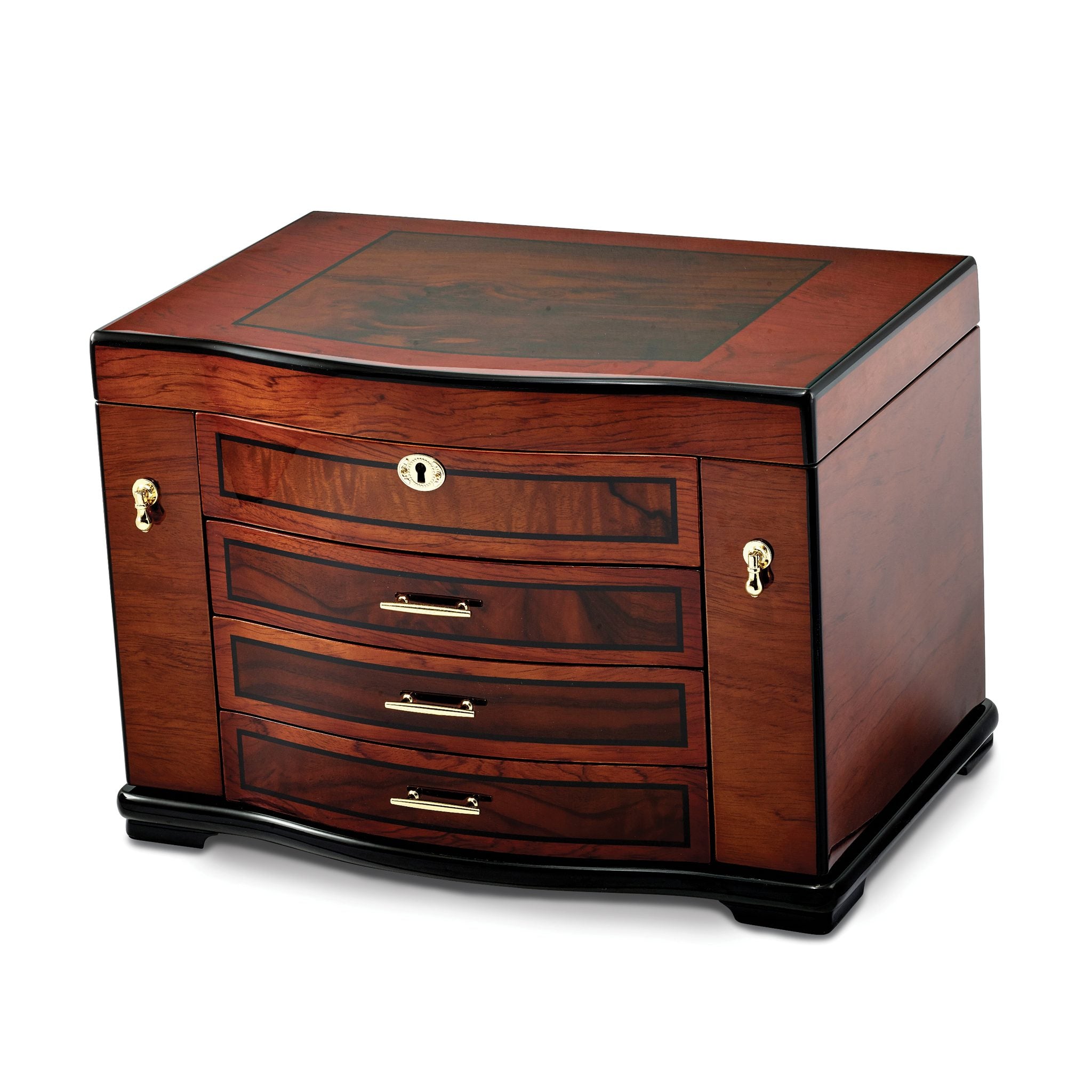 Luxury Giftware by Jere High GloSterling Silver Poplar Veneer w/Burlwood Inlay 3-drawer with Swing-out Sides Locking Wooden Jewelry Chest