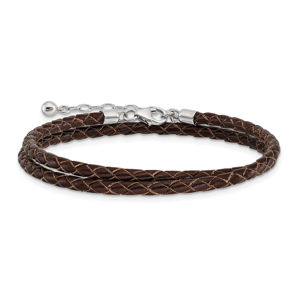 SS Reflections Rhod-plated Brn Leather With 2 in ext Choker/Wrap Bracelet