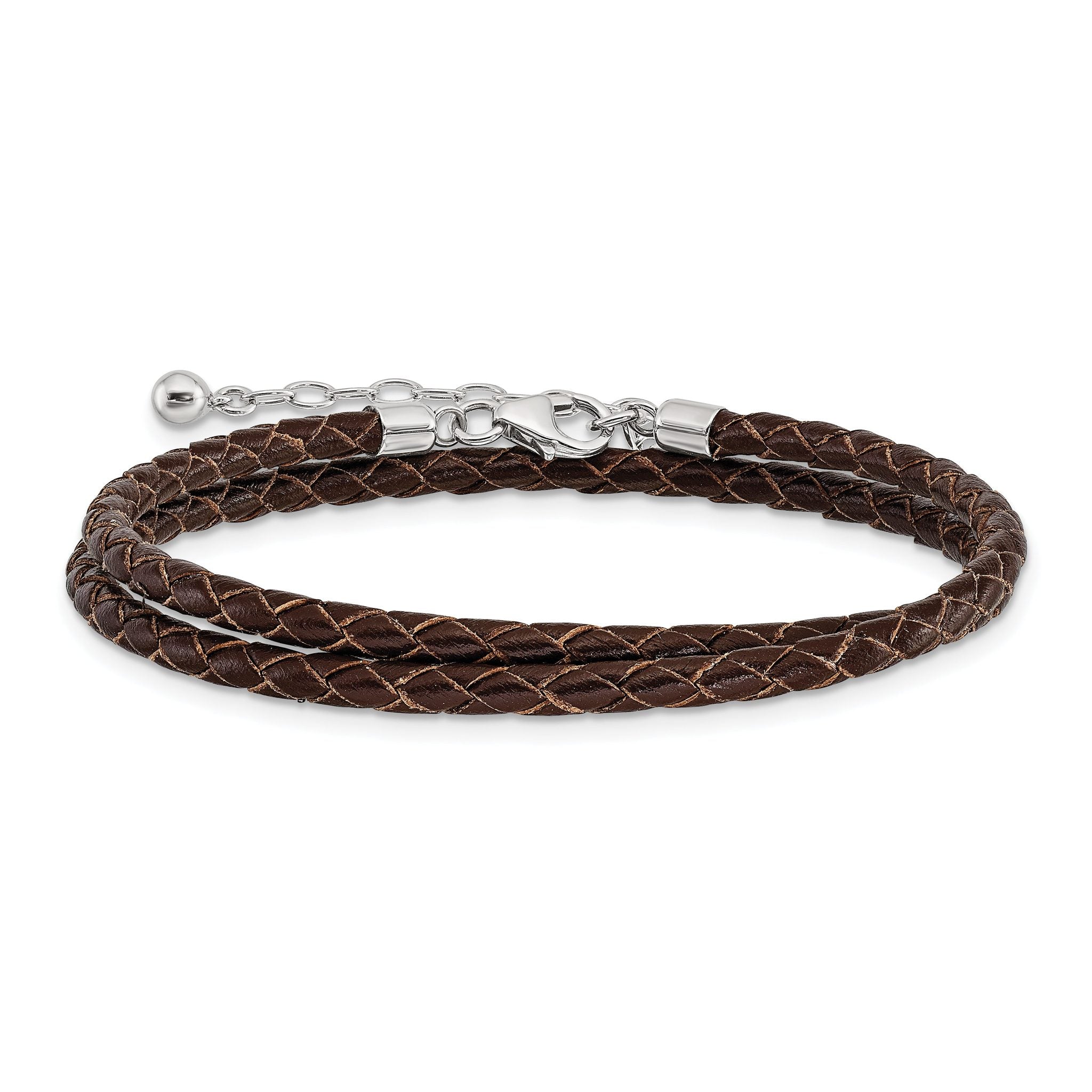 SS Reflections Rhod-plated Brn Leather With 2 in ext Choker/Wrap Bracelet