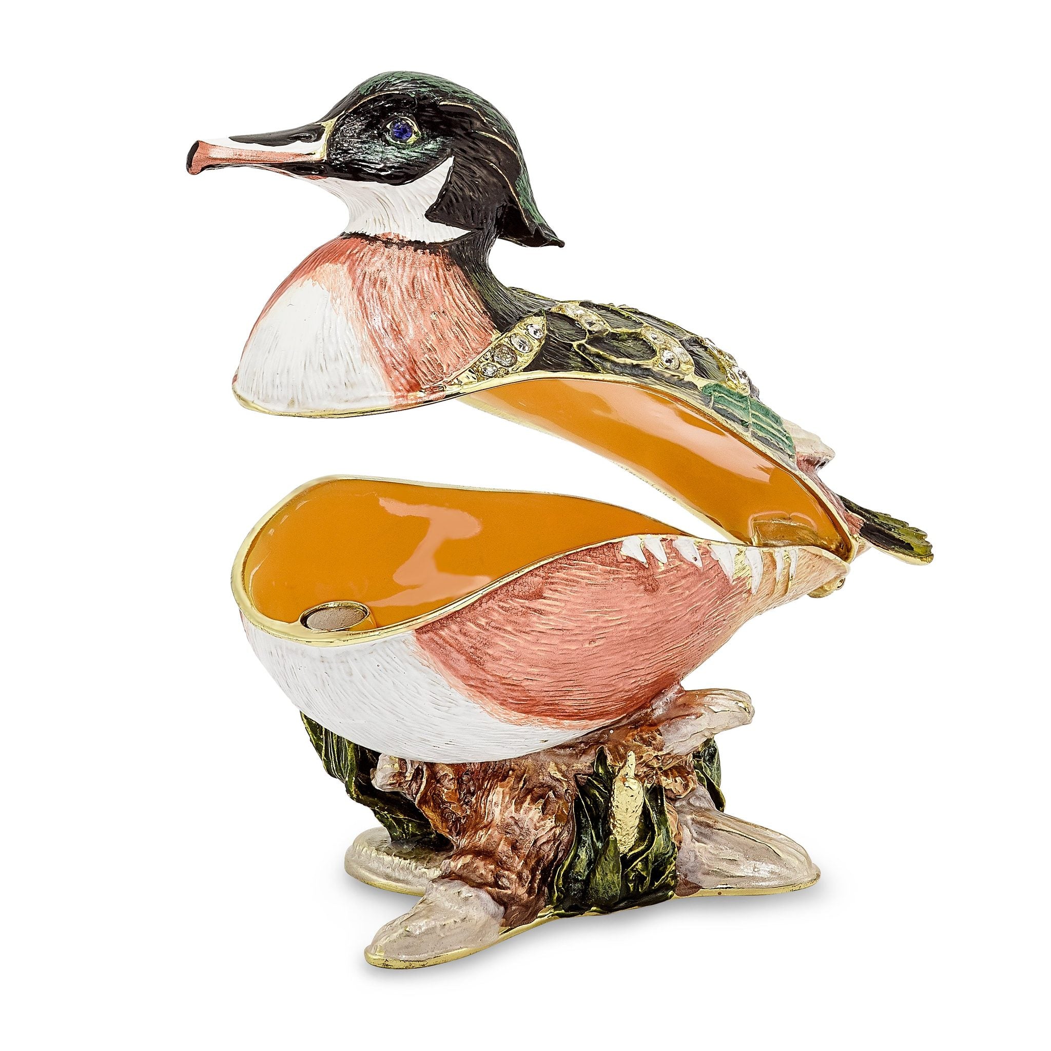 Luxury Giftware Pewter Bejeweled Crystals Gold-tone Enameled WILSON Wood Duck Trinket Box with Matching 18 Inch Necklace