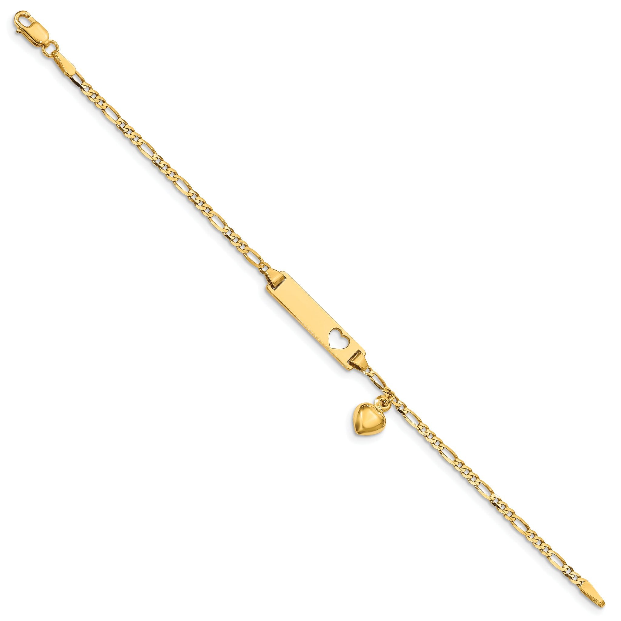 14k Polished Solid Chain/Solid Plate Cut-out Heart with Heart Dangle Figaro Link 21x5mm Plate 6 inch Baby/Child ID Bracelet Secondary image