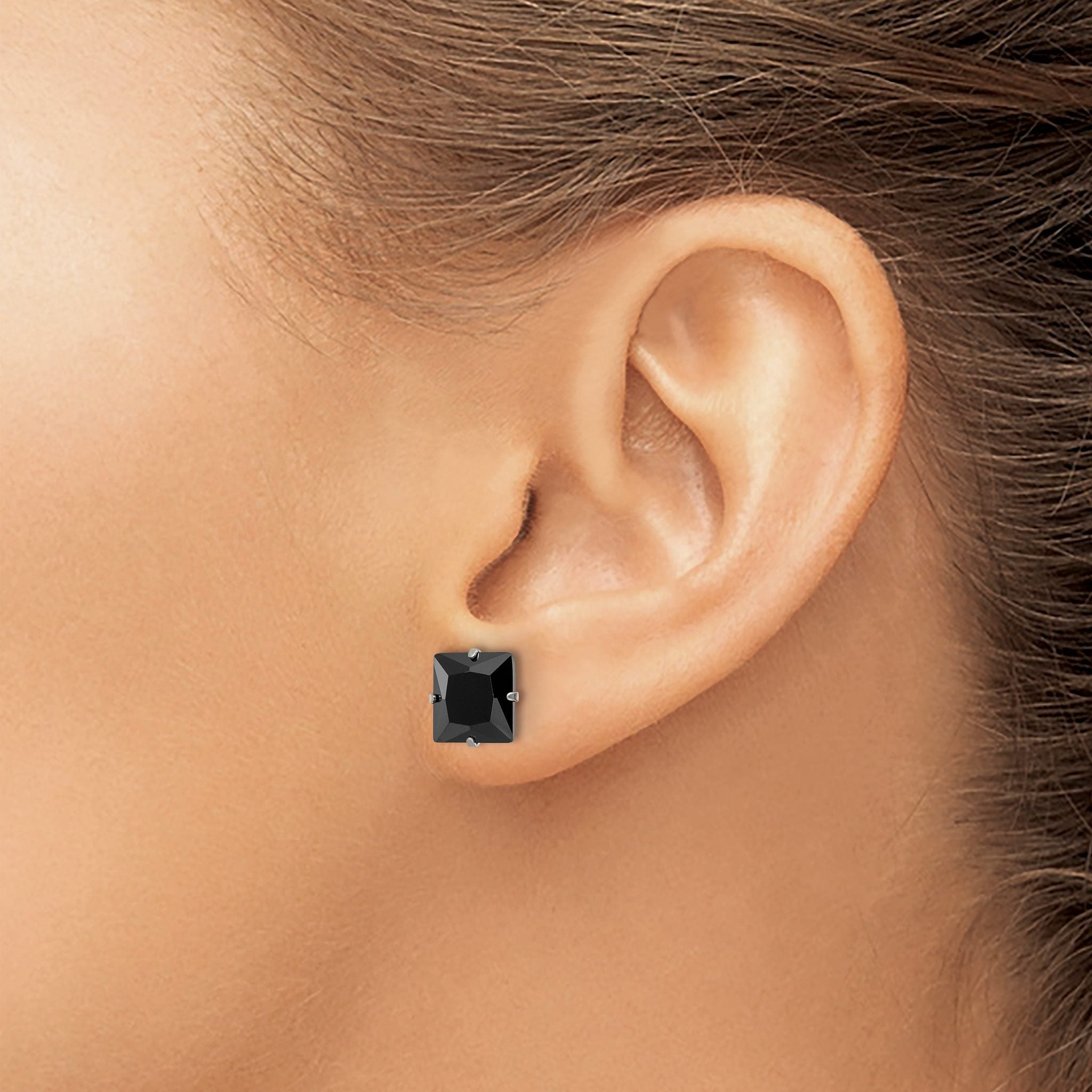 Stainless Steel Polished Square Black Cubic Zirconia Stud Earrings