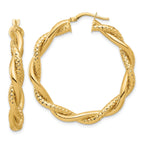 14K Polished and Textured Twisted Round Hoop Earrings