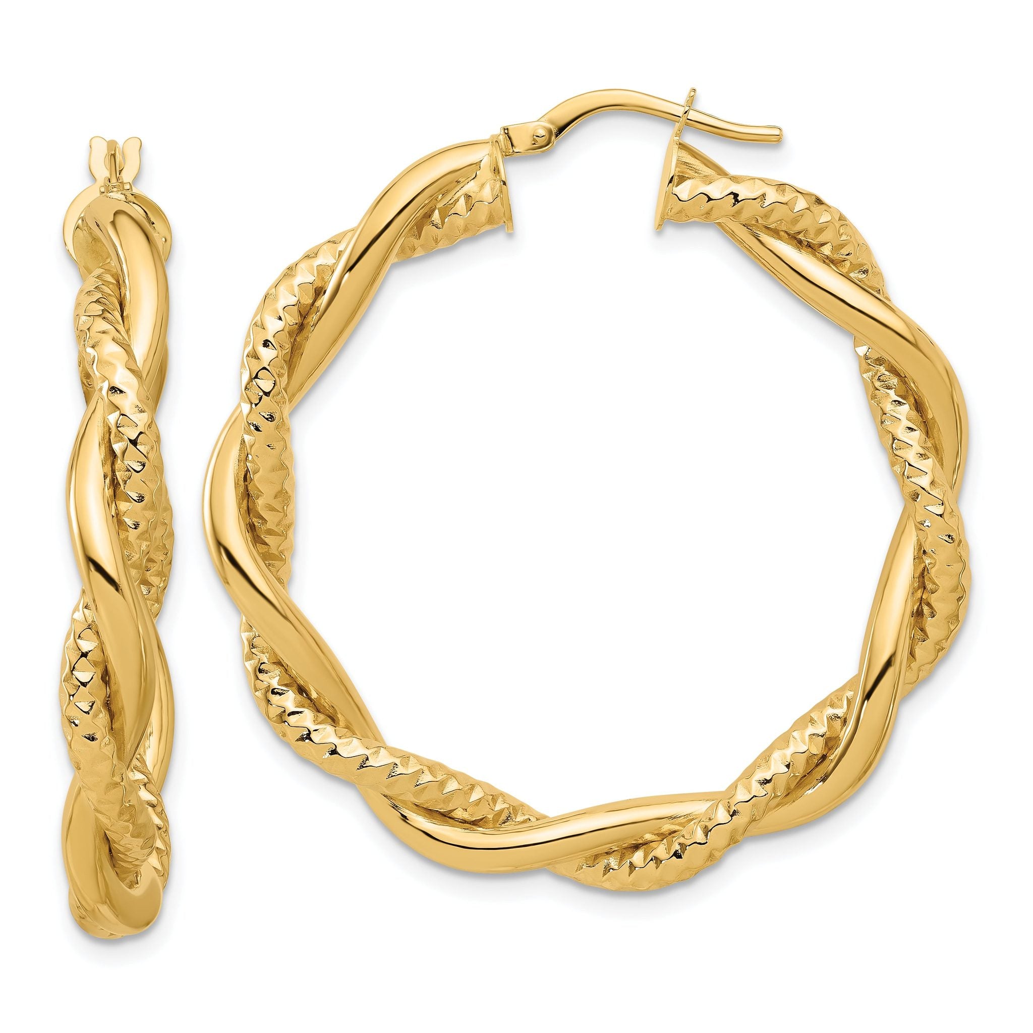 14K Polished and Textured Twisted Round Hoop Earrings