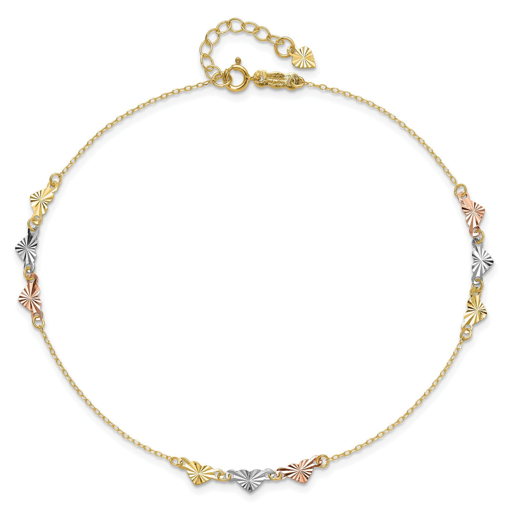 14K Tri-Color Diamond-cut Hearts 9 inch Plus 1 inch Extender - Total 10 inch Anklet