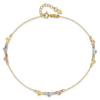 14K Tri-Color Diamond-cut Hearts 9 inch Plus 1 inch Extender - Total 10 inch Anklet
