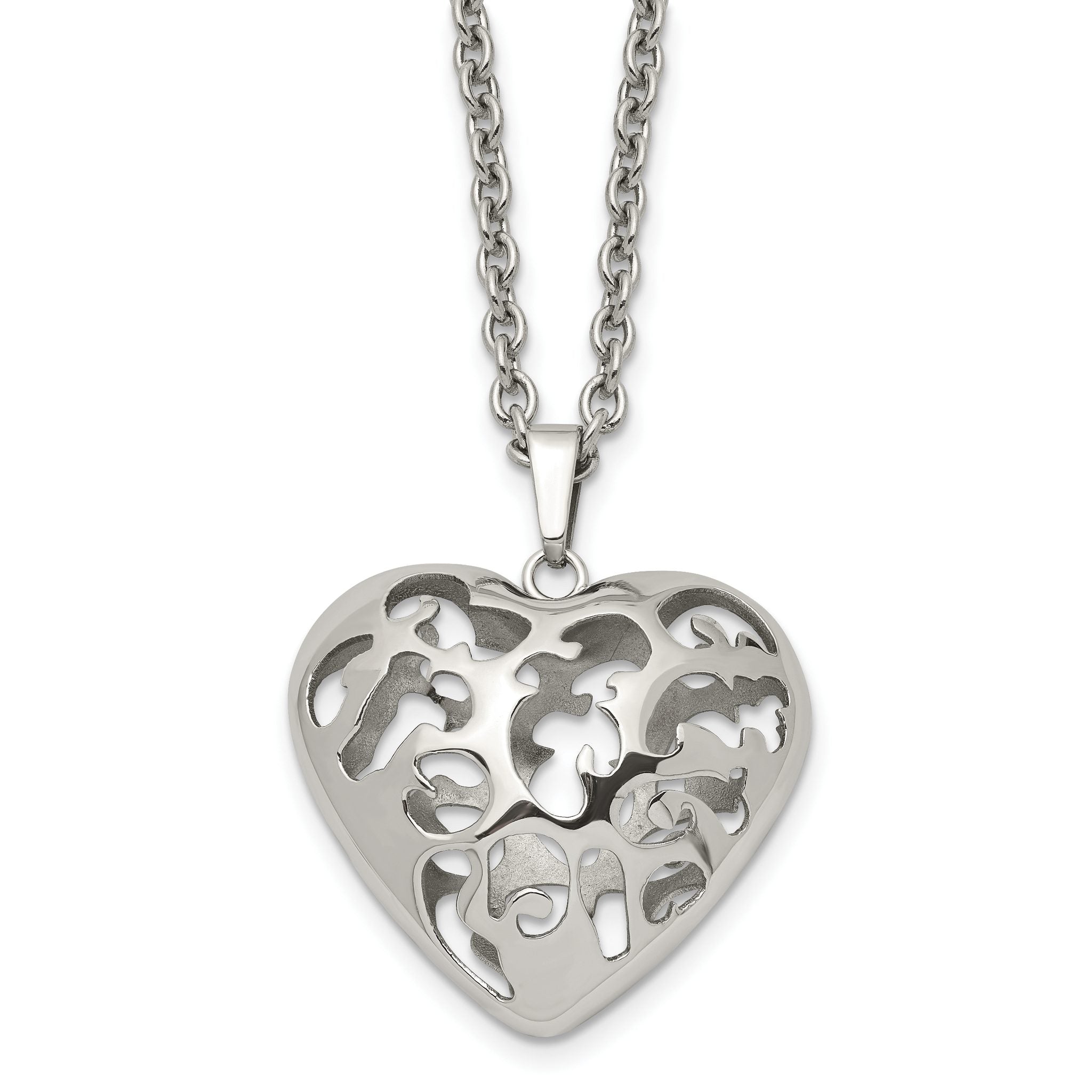 Filigree Puffed Heart Necklace in Stainless Steel, 20in Main image