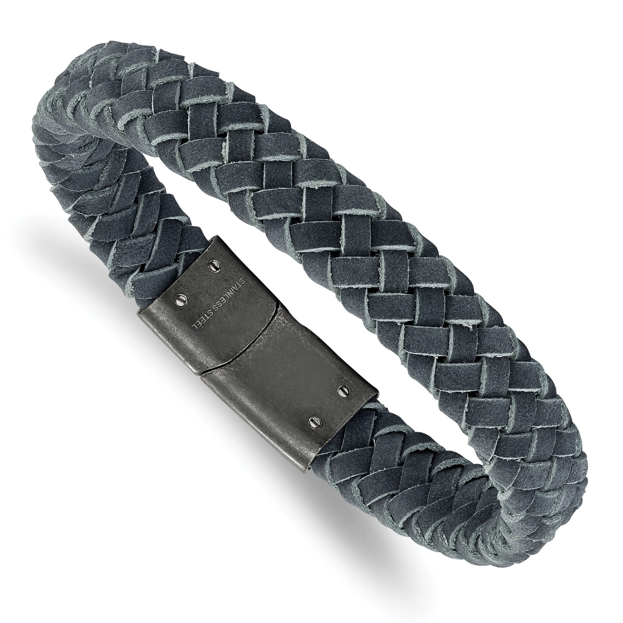 Stainless Steel Brushed Grey Braided Leather Bracelet for Men