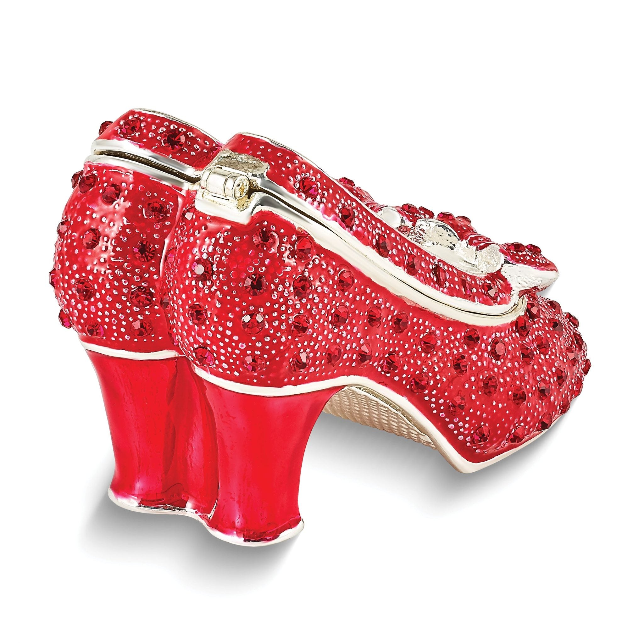 Luxury Giftware Pewter Bejeweled Crystals Silver-tone Enameled SCARLET Red High Heels with Bows Trinket Box with Matching 18 Inch Necklace