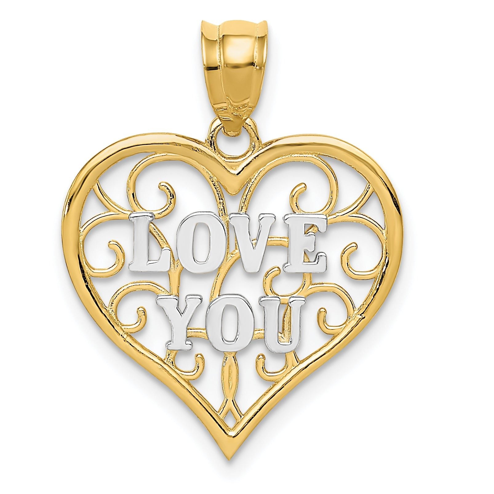 14K Gold and White Rhodium Filigree Love Pendant  Polished, Vintage Inspired Main image