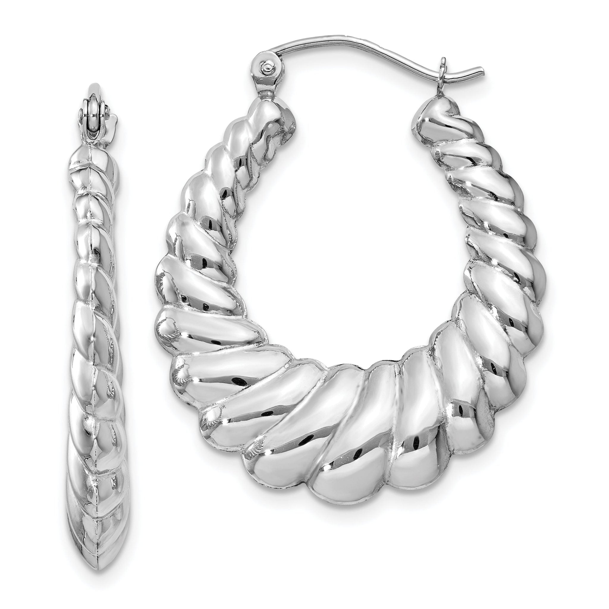 14K White Gold Polished Scalloped Hoop Earrings with Rhodium Finish Main image