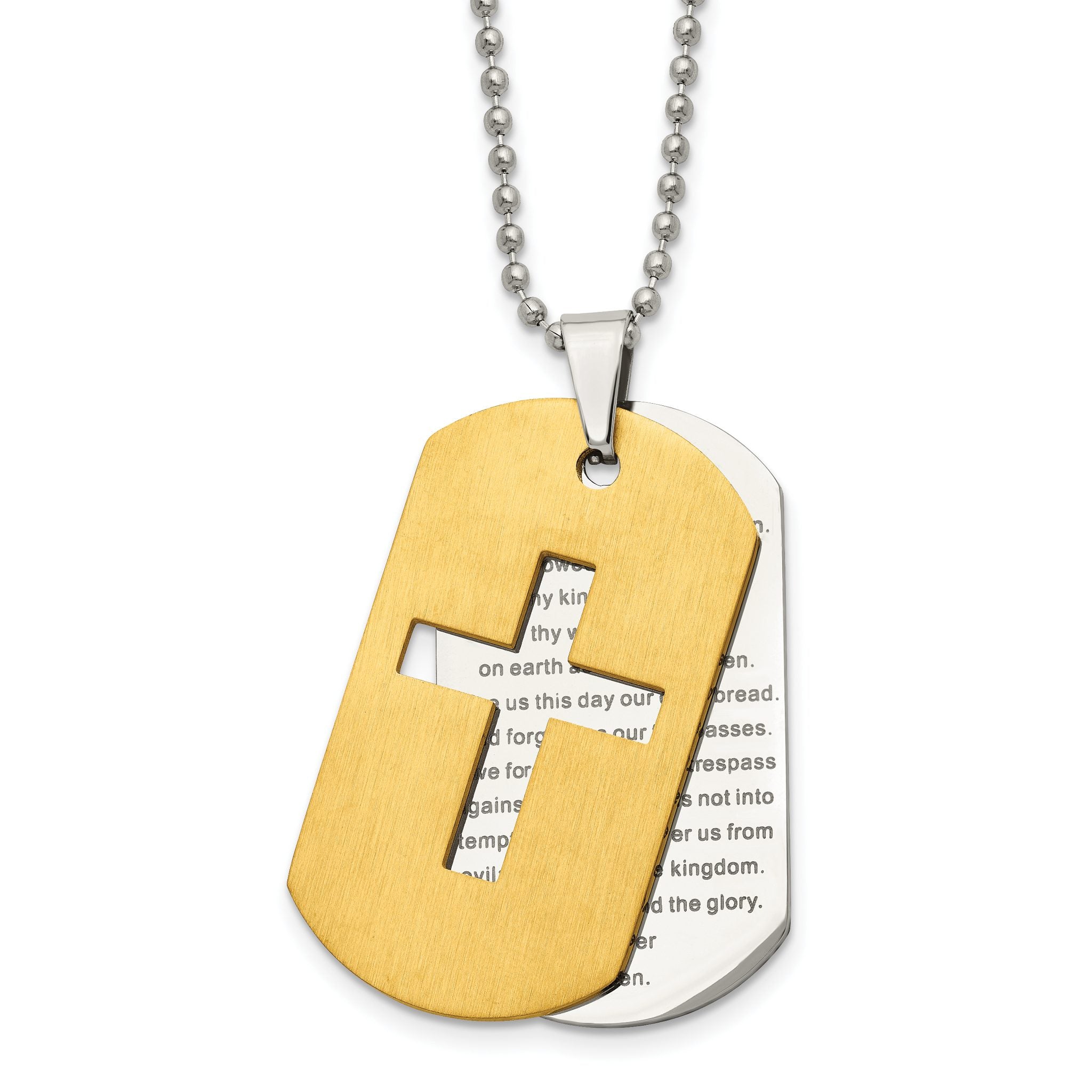 Chisel Stainless Steel Brushed and Polished Yellow IP-plated 2 Piece Prayer Cross Dog Tag on a 22 inch Ball Chain Necklace Main image