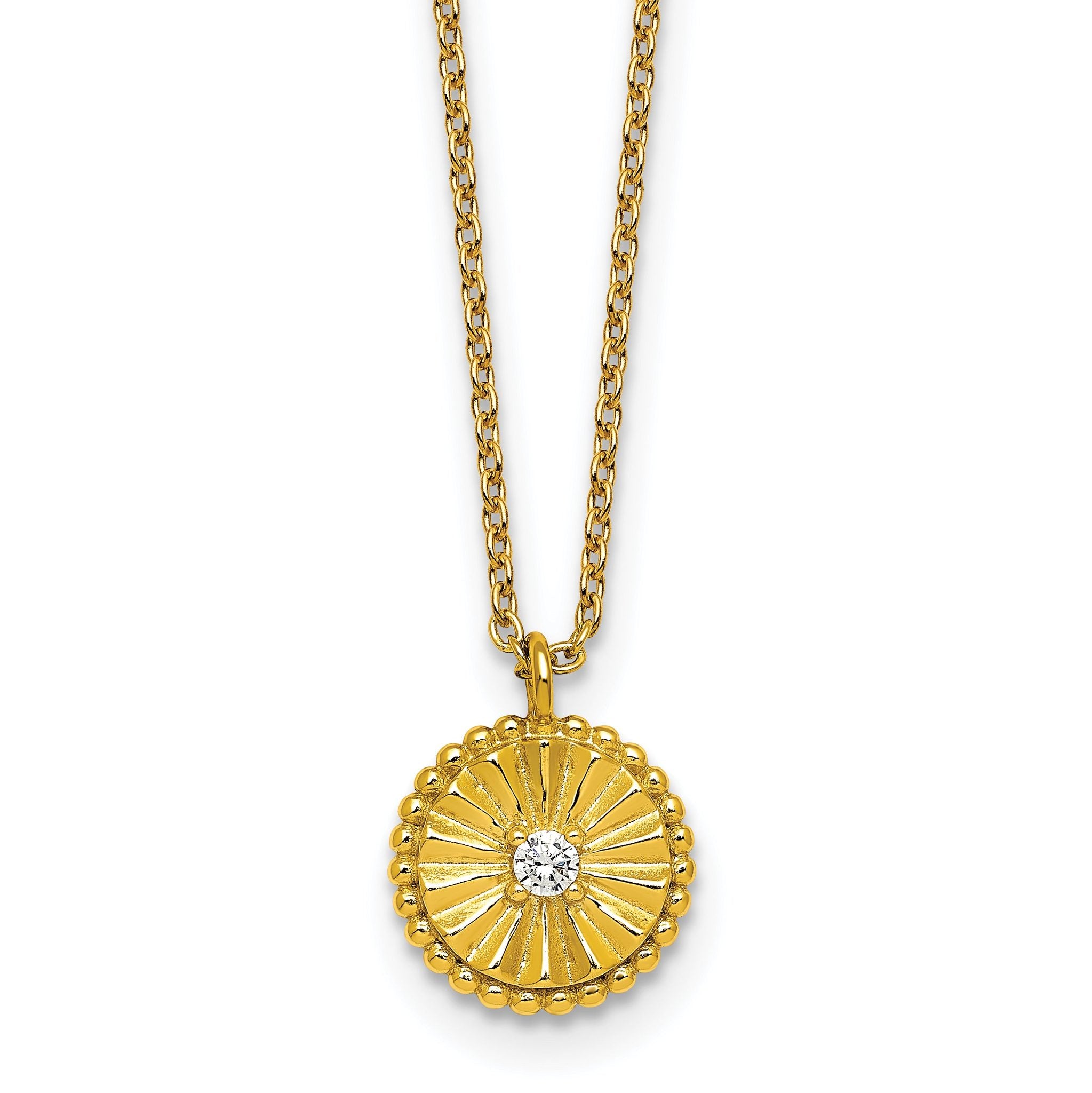 Sterling Silver Gold-tone Polished Beaded and Textured CZ Circle 16 Inch with 2 Inch Extension Necklace Main image