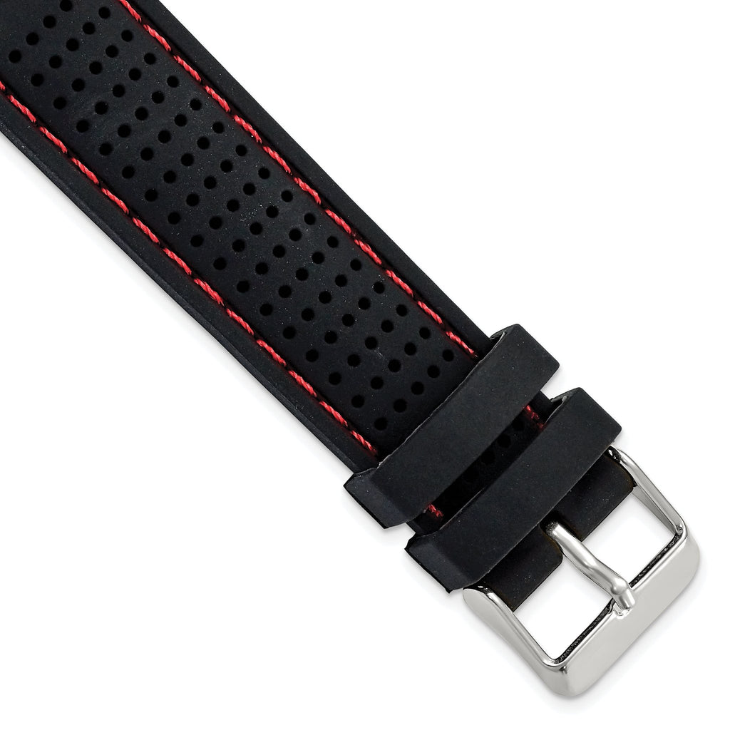 18mm Black Ventilated Silicone with Red Stitching and Silver-tone Buckle 8 inch Watch Band