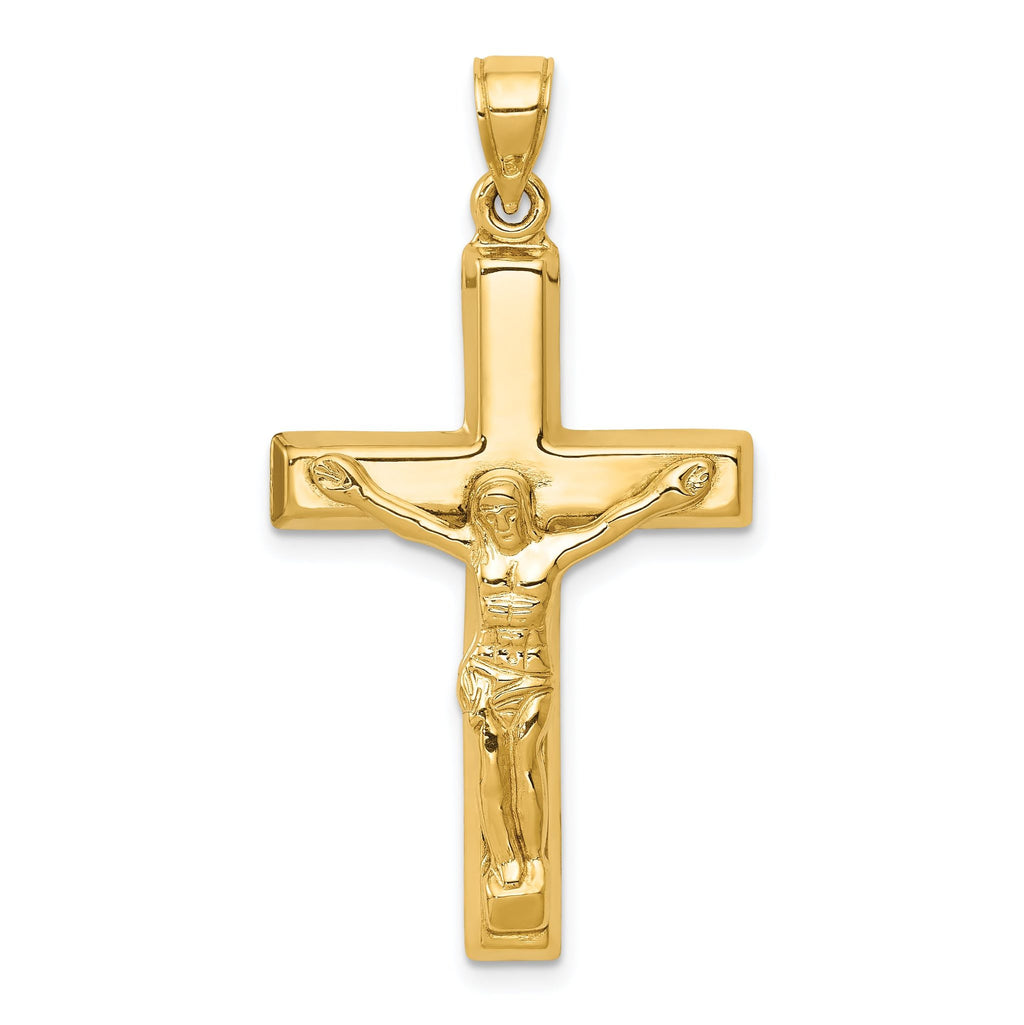 14K Gold Polished Crucifix Pendant with Hollow Flat-Back Design