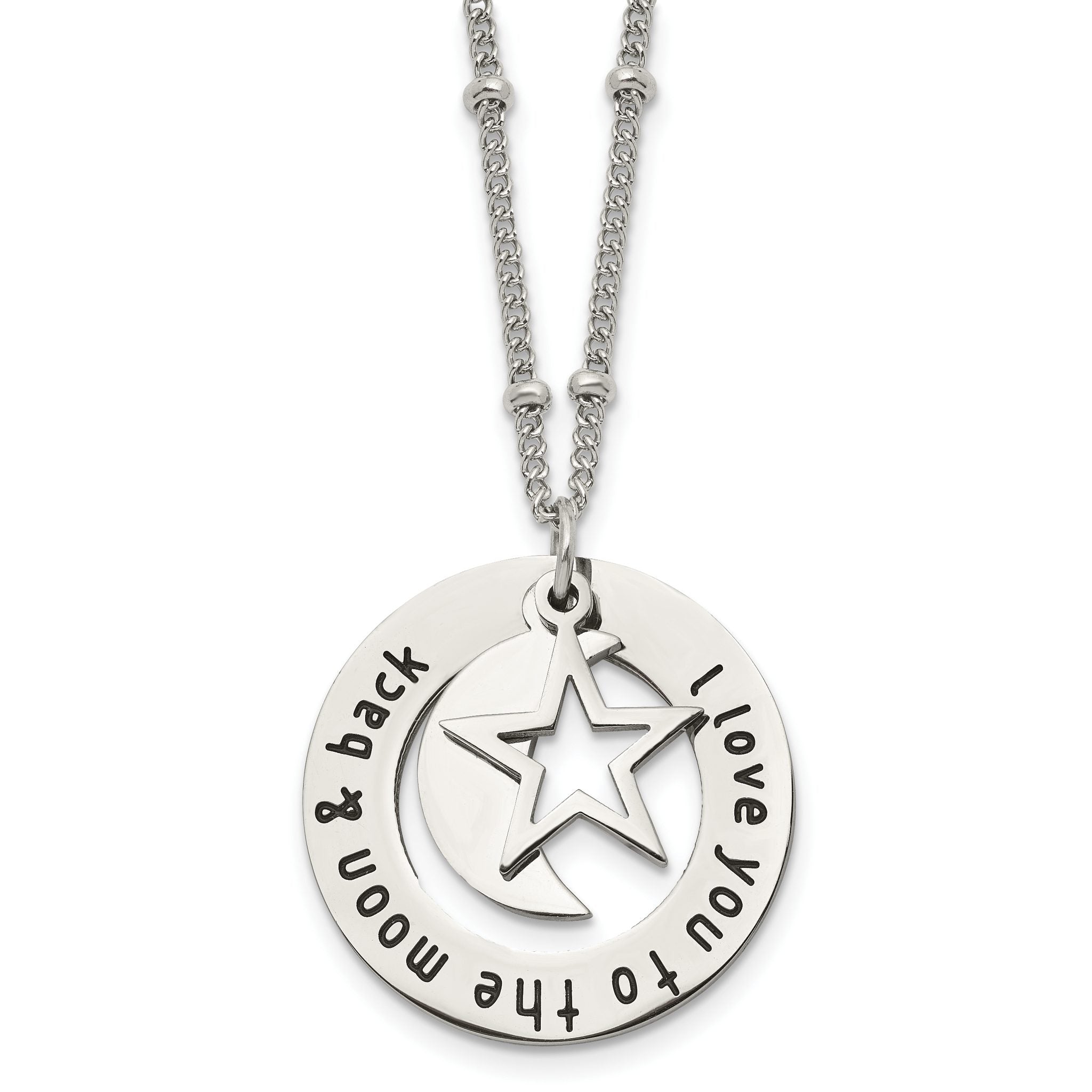 Chisel Stainless Steel Polished Enameled I LOVE YOU TO THE MOON & BACK with Moon and Star Pendant on a 20in Beaded Chain Necklace Main image