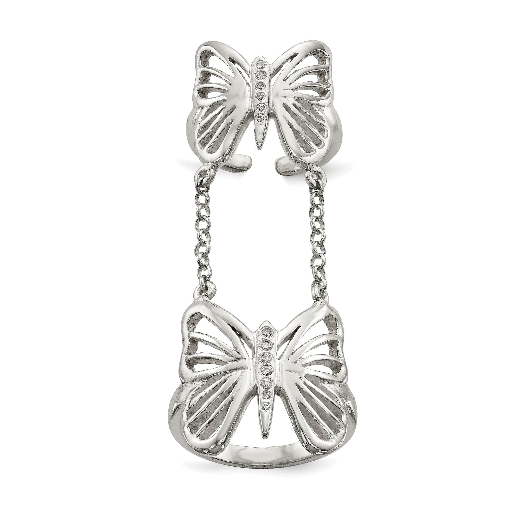 Sterling Silver Polished CZ Butterfly Double Finger Ring Main image