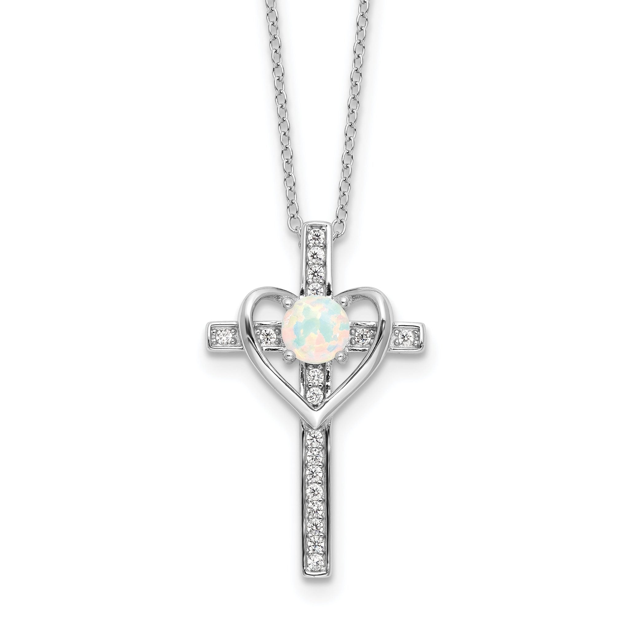 Sterling Silver RH-plated Created Opal and CZ Cross With Heart 18in Necklace Main image